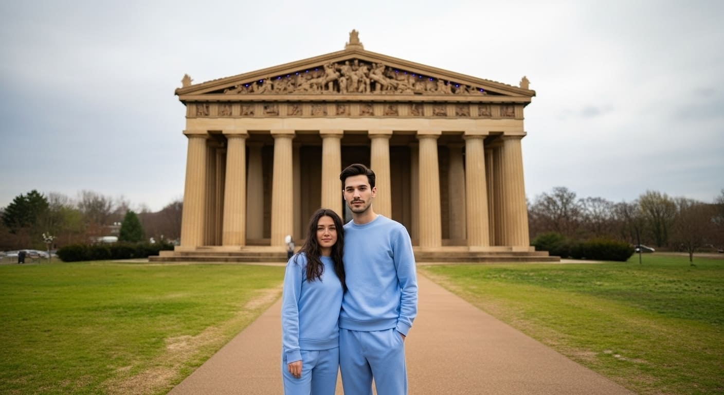 Avery with best friend at Centennial Park in front of Parthenon, enjoying the perfect walking track in Nashville