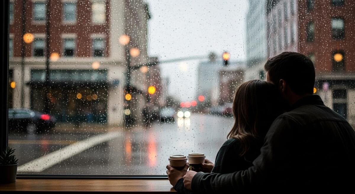 Couple enjoys coffee at warm cafe window watching rain at cozy cafes Nashville rainy weather perfect spot