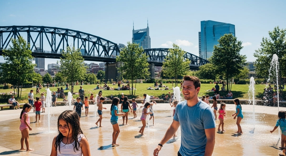 Families enjoying Cumberland Park splash pad in Nashville with downtown skyline and bridge on sunny July day