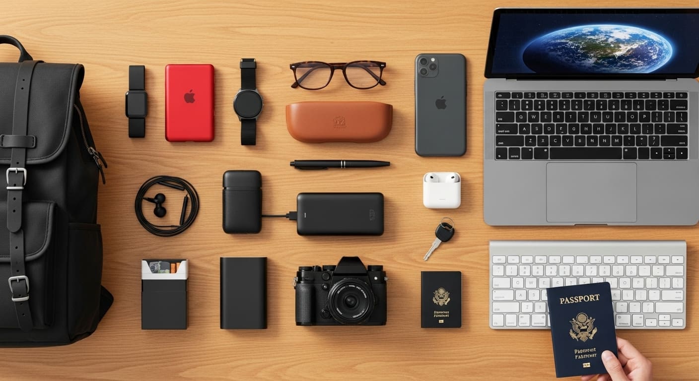 Essential tech items and travel gear laid out on wooden desk showing what to pack for Nashville business trips