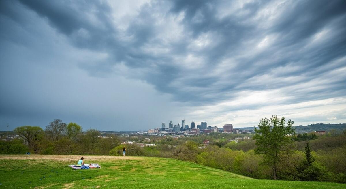 Love Circle overlooks Nashville skyline through dramatic clouds offering stunning Nashville scenic views rainy day