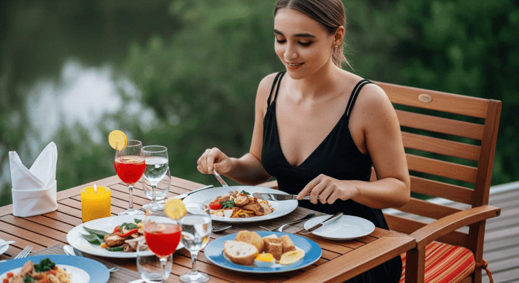 priya enjoying outdoor breakfast in Nashville with cocktails, gourmet breakfast plates and fresh bread on wooden patio table