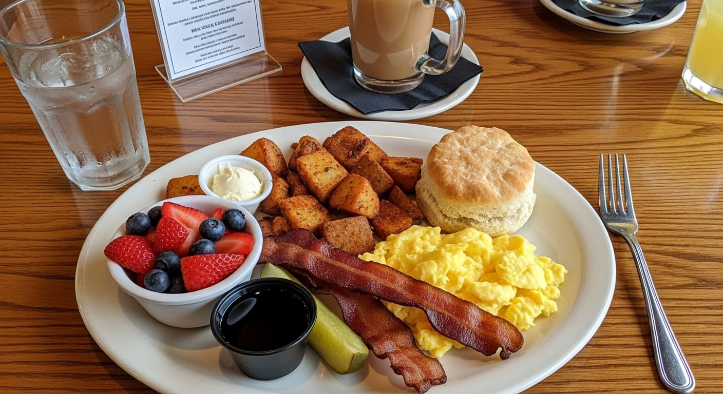  breakfast platter with scrambled eggs, bacon, home fries, biscuit and fresh fruit bowl at popular Nashville breakfast restaurant