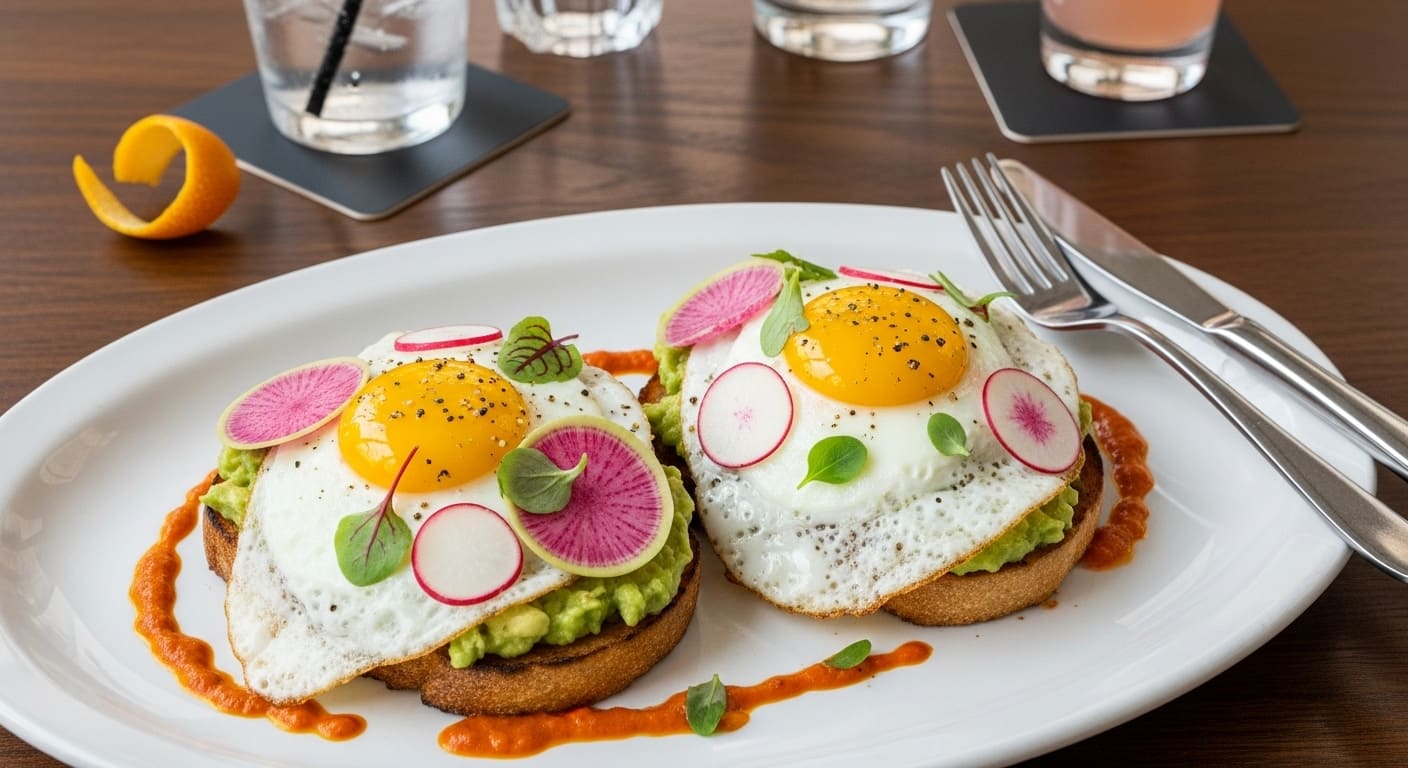 Gourmet avocado toast with fried eggs, radish slices and microgreens at trendy Nashville breakfast spot with modern presentation