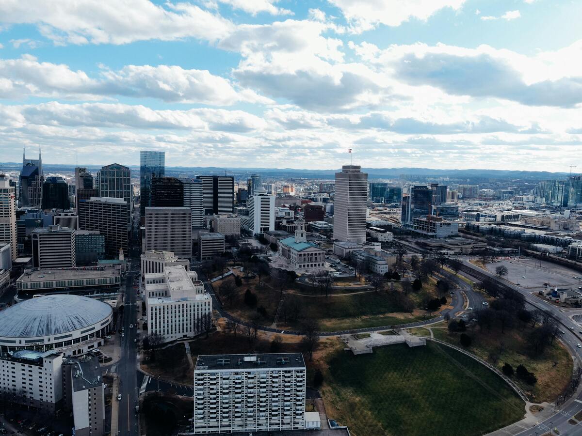 Nashville downtown skyline aerial view showing urban attractions and things to do in Nashville in November citywide