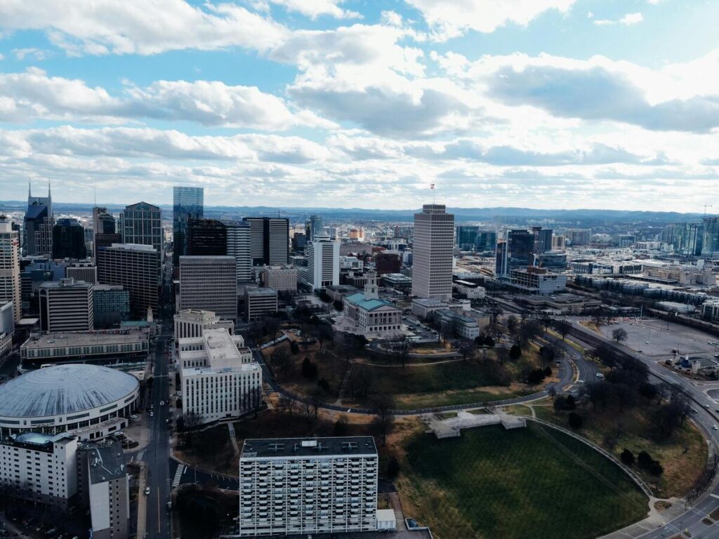 Nashville downtown skyline aerial view showing urban attractions and things to do in Nashville in November citywide