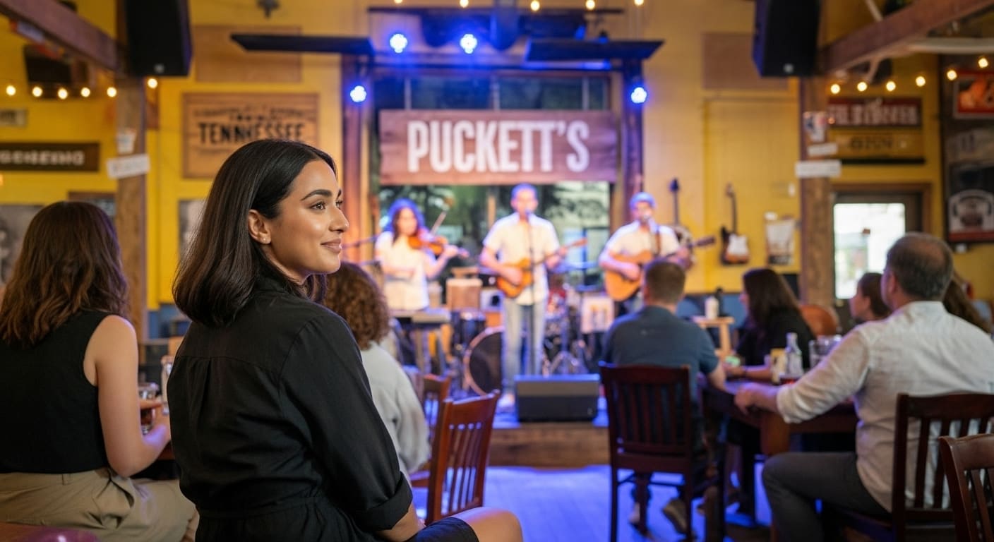 Priya and her foodie friends savor Southern comfort food at Puckett's restaurant with live night performance