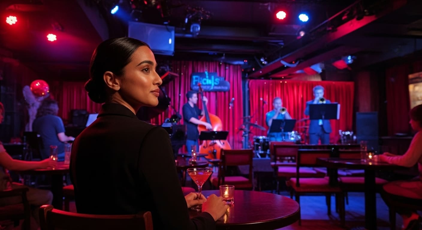 Priya enjoys cocktails watching jazz band perform at Rudy's Jazz Room in downtown Nashville music venue
