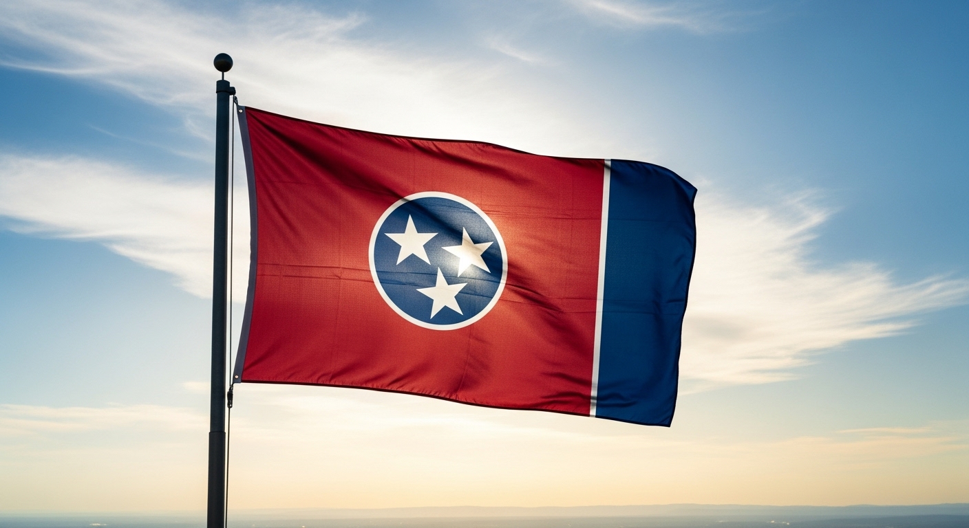 Tennessee Facts state flag waving against blue sky with three white stars on blue circle and red background
