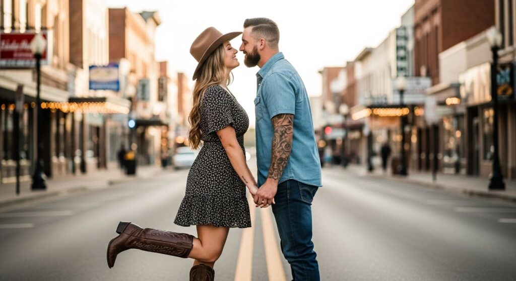 Couple in Nashville street wearing bohemian dress with hat and denim shirt - perfect what to wear in Nashville
