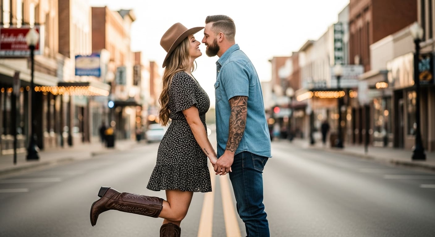 Couple in Nashville street wearing bohemian dress with hat and denim shirt - perfect what to wear in Nashville
