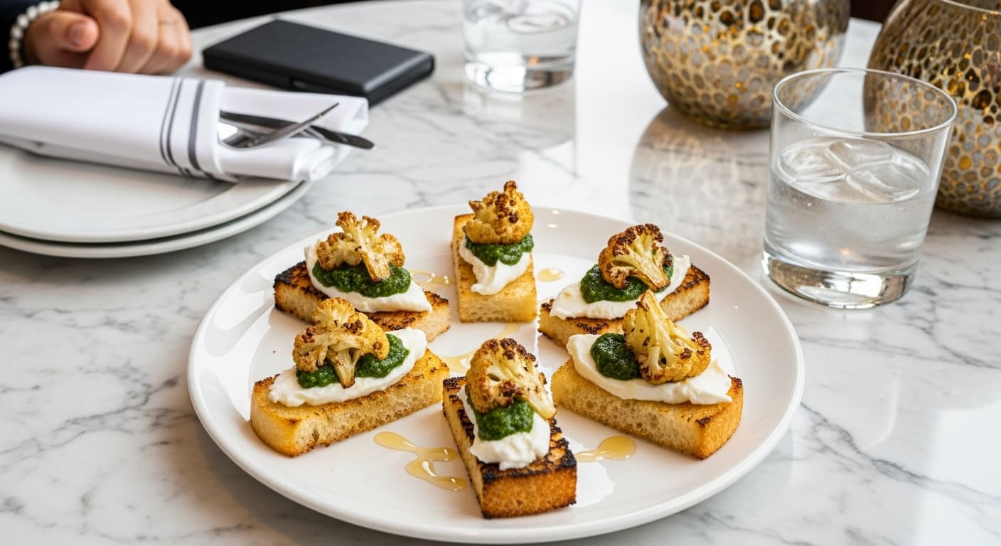 Elegant cauliflower toast appetizers with pesto at upscale Nashville breakfast spot featuring farm-to-table cuisine