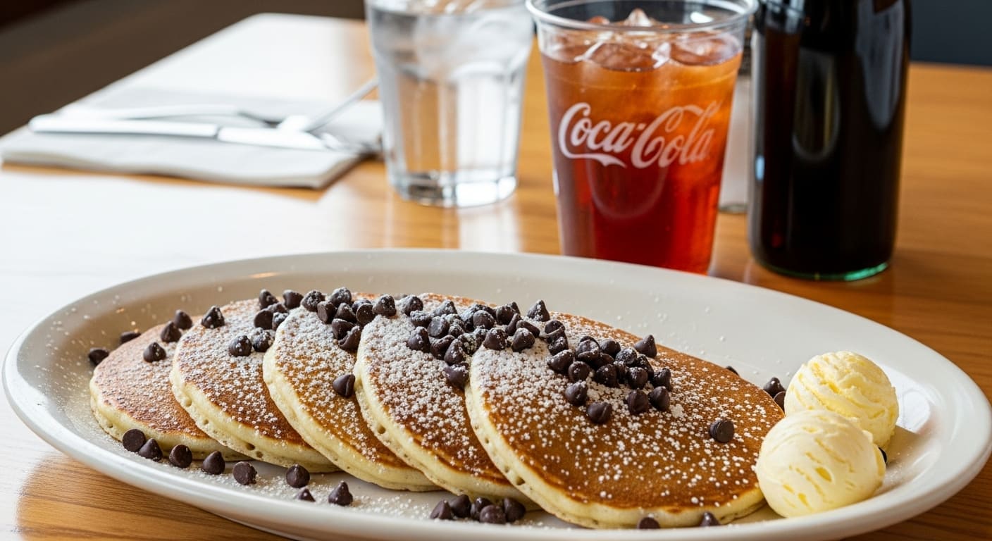 Decadent chocolate chip pancakes with banana slices highlighting Nashville's sweetest breakfast destination treats