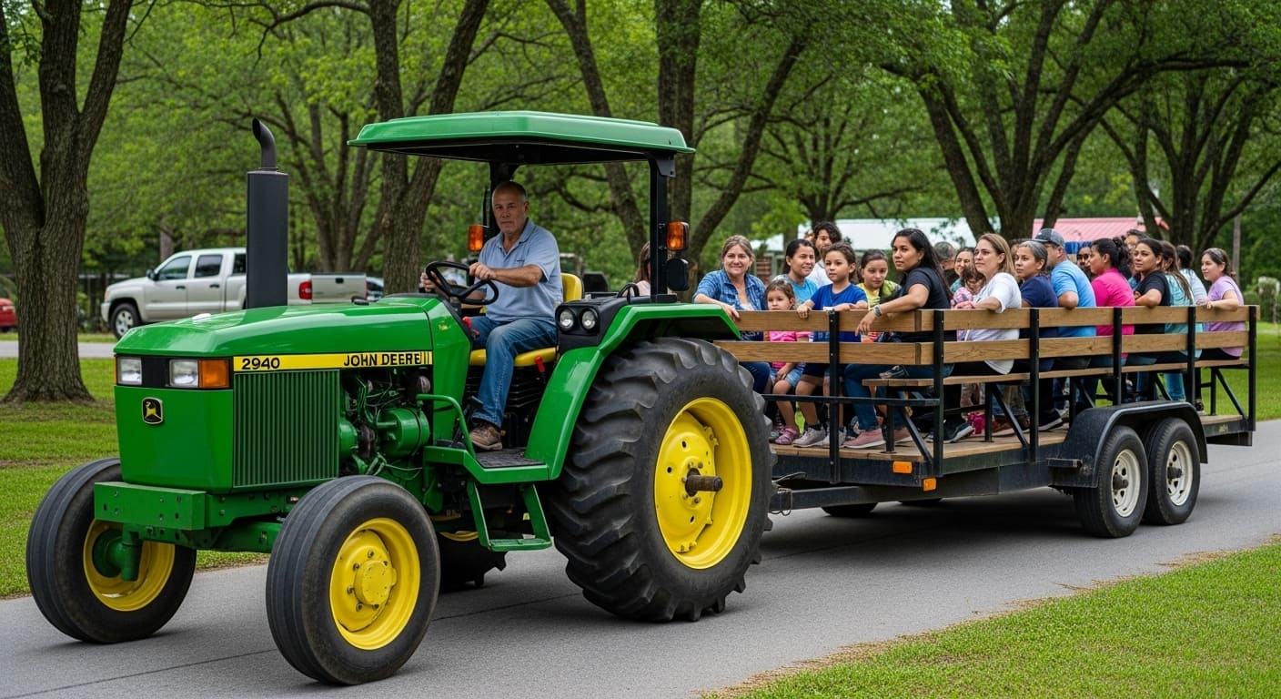 Green John Deere tractor pulling hayride trailer with families enjoying things to do in Nashville in November outdoors