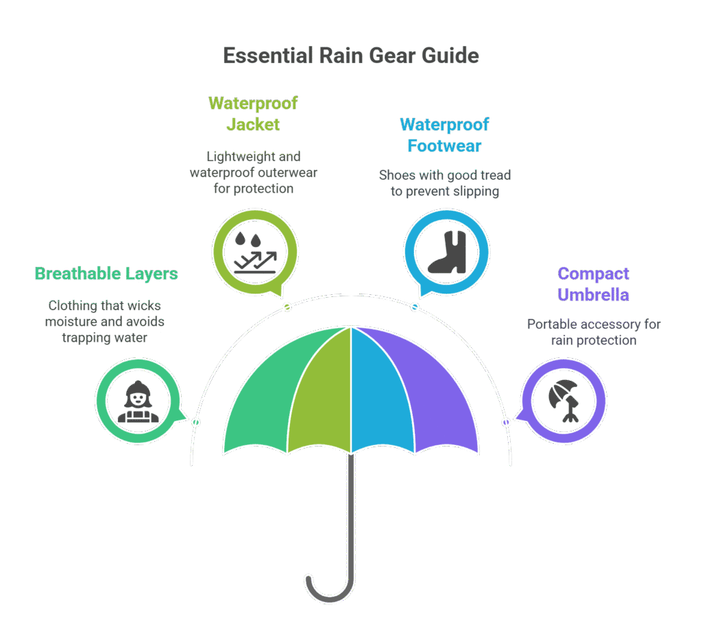 Colorful infographic displays essential rain gear for Nashville weather including waterproof jacket umbrella and footwear