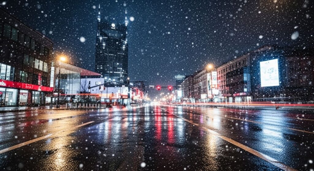 Snow drifts across a quiet Nashville street at night, showing how Nashville gets snow during winter