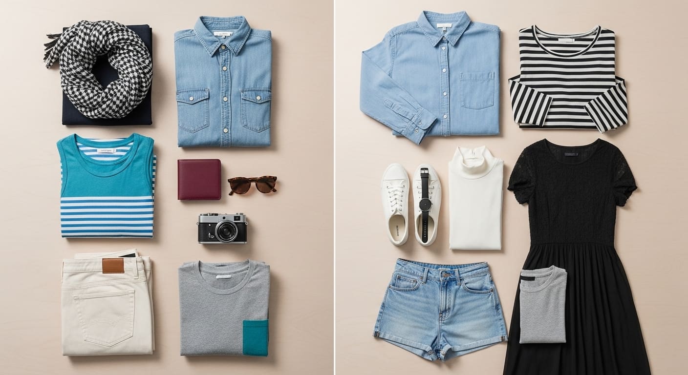 Casual clothing items including denim shirts and striped tops arranged flat, perfect for packing for Nashville