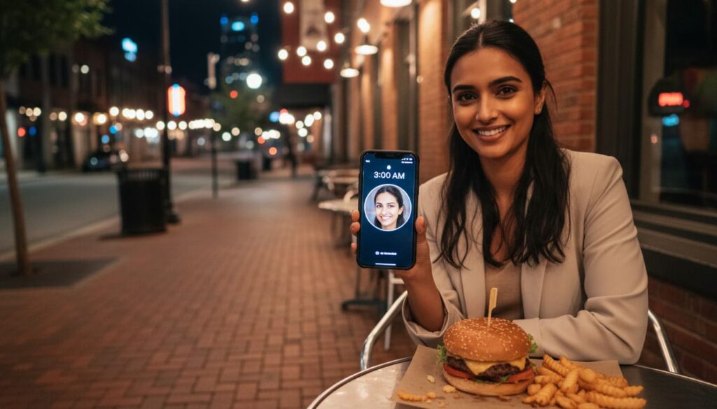 Priya smiling with burger at 3 AM on Nashville street showing best late night food spots