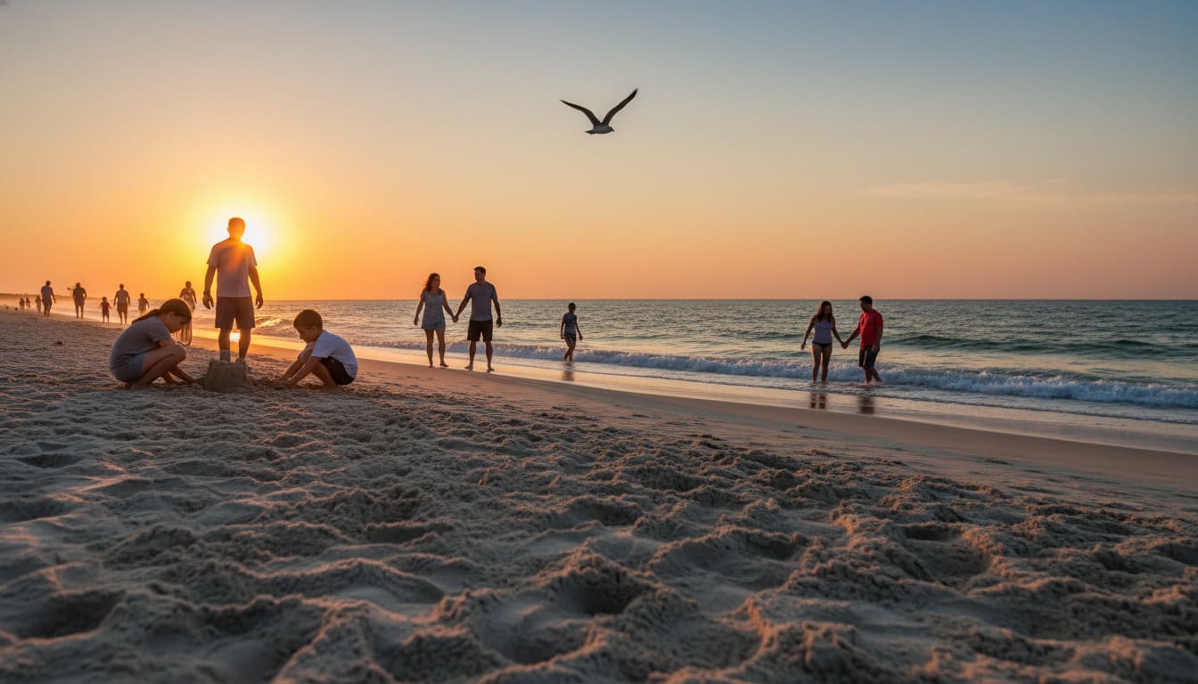 Families enjoying sunset on Alabama beaches closest to Nashville with white sand shoreline and Gulf waters