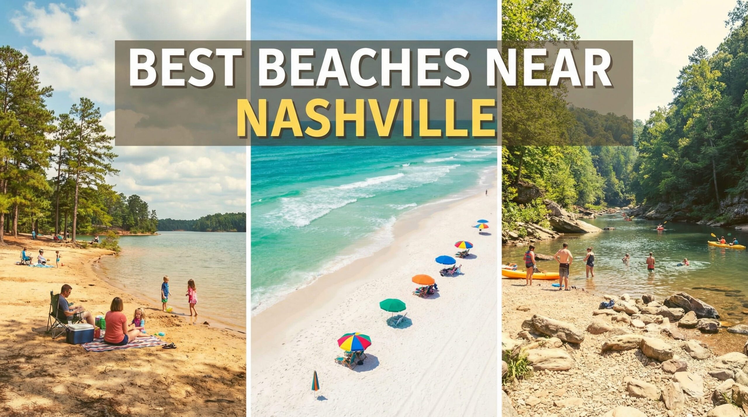 Best beaches near Nashville collage featuring lake recreation, Gulf Coast white sand, and river swimming spots