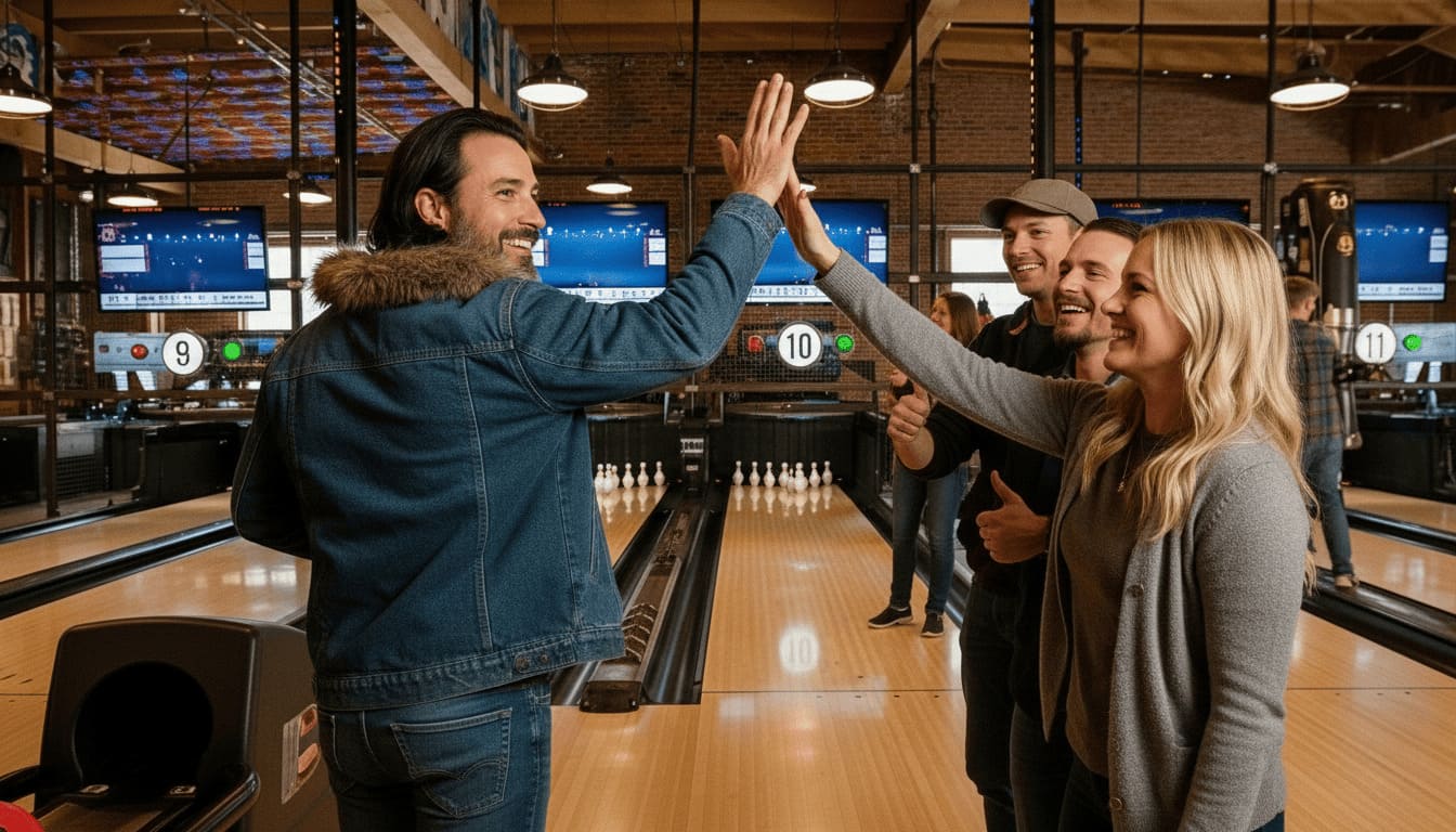 Friends bowling at Pin Mechanical enjoying less crowded January with comfortable indoor fun in Nashville winter