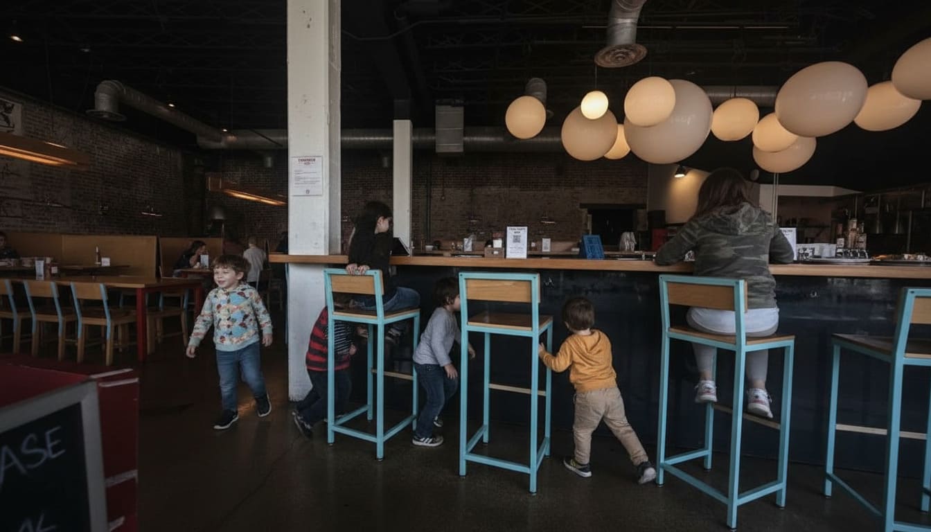 Young children running and playing energetically at Fenwick's 300 kid-welcoming breakfast spot Nashville interior space