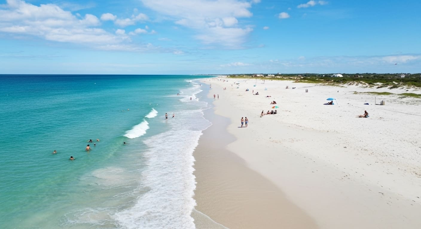 Aerial view of Florida beaches near Nashville with pristine white sand and emerald Gulf waters landscape