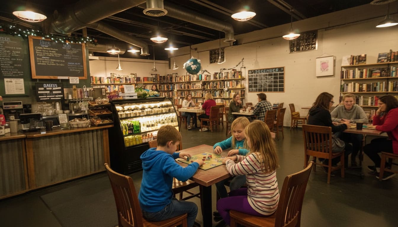 Children engaged in tabletop board games at Nashville cafe where kids love spending afternoons with shelves visible