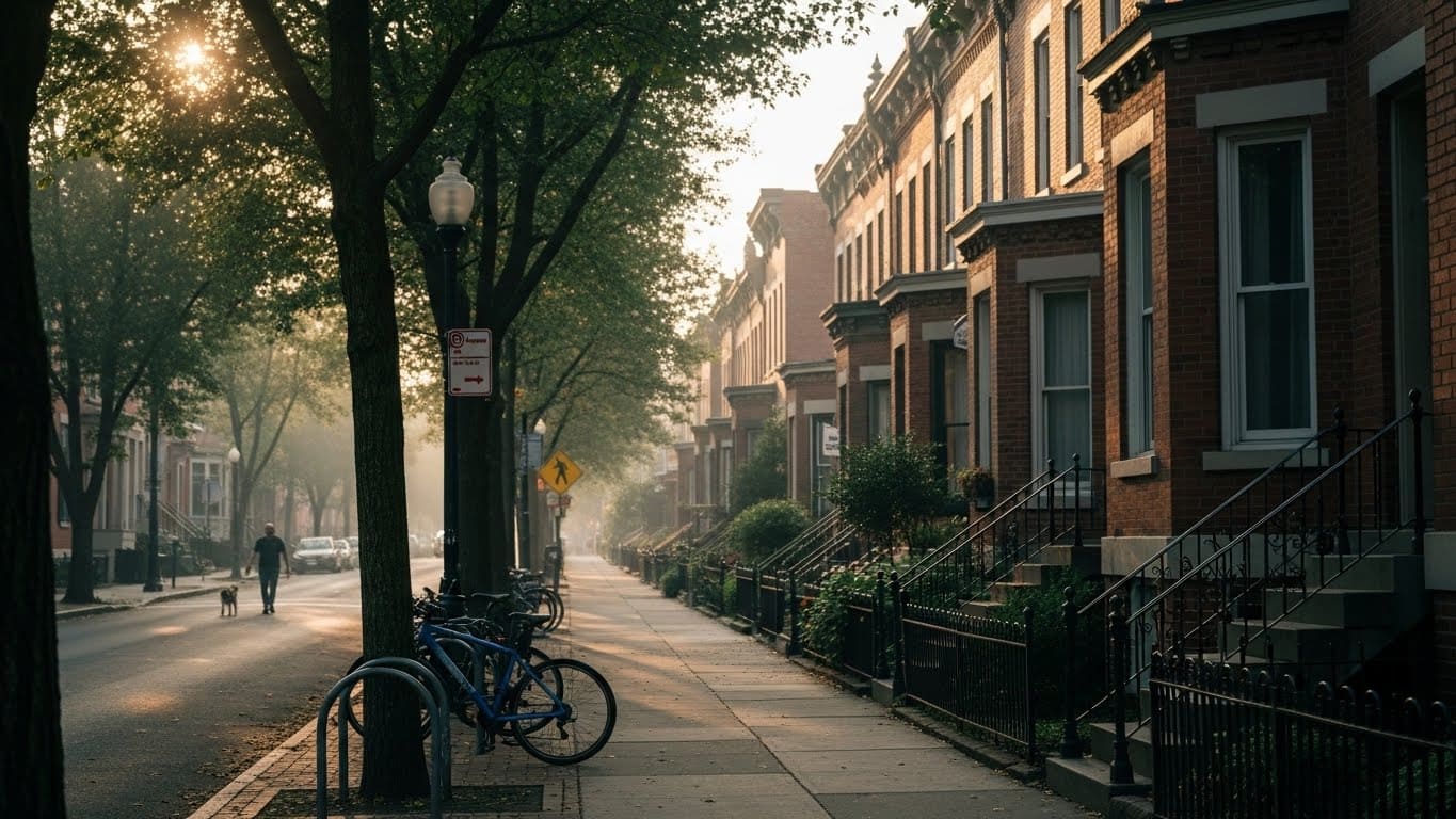 Germantown Nashville walkable neighborhood morning scene with tree-lined sidewalks and bike racks showing excellent pedestrian access