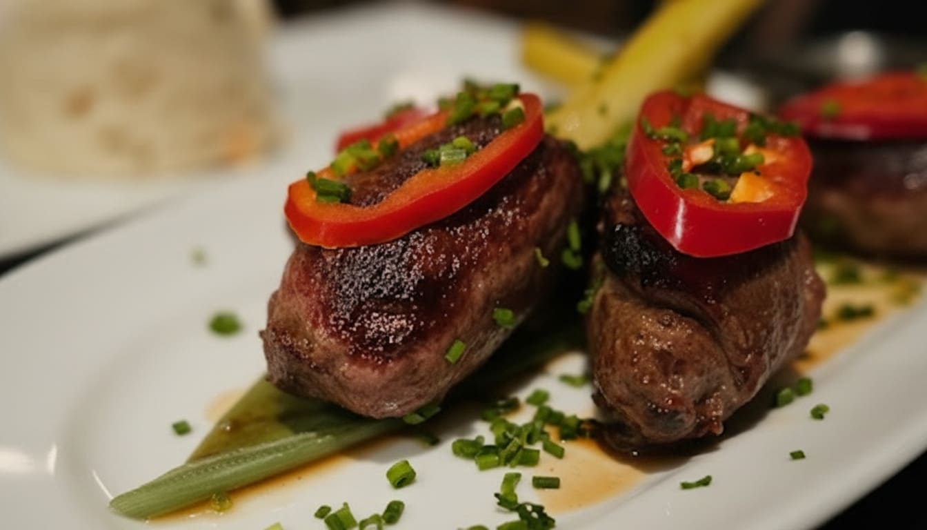 beef pieces topped with red peppers at Sunda New Asian for late night dining in Nashville