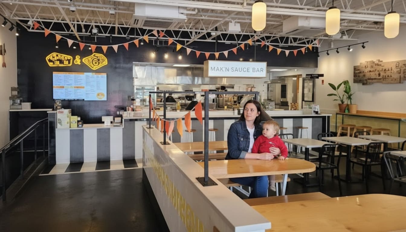 Mother holding toddler while ordering at casual Nashville sandwich shop welcoming young children counter with menu visible