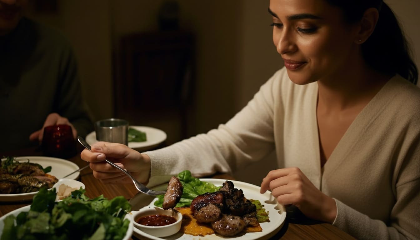 Priya savoring grilled meat platter at Bad Idea in Nashville top restaurants serving food after 12 AM