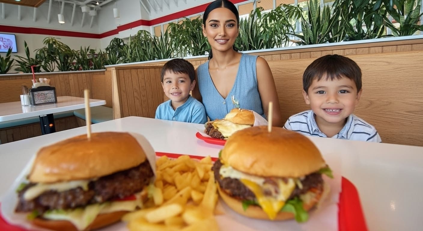 Priya, Rohan, and Mikael enjoying burgers at Hugh-Baby's BBQ A Nashville native kid-approved burger restaurant booth
