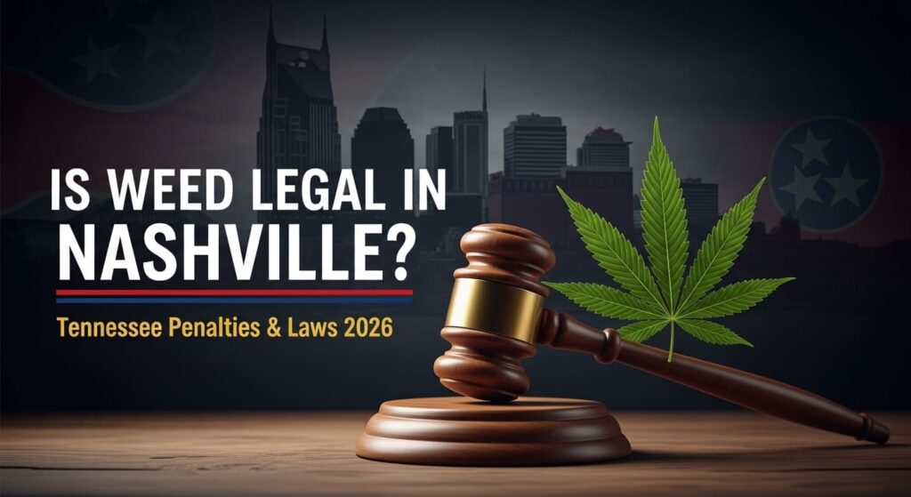 Is marijuana legal in Nashville Tennessee title graphic with gavel explaining current laws and penalties in 2026