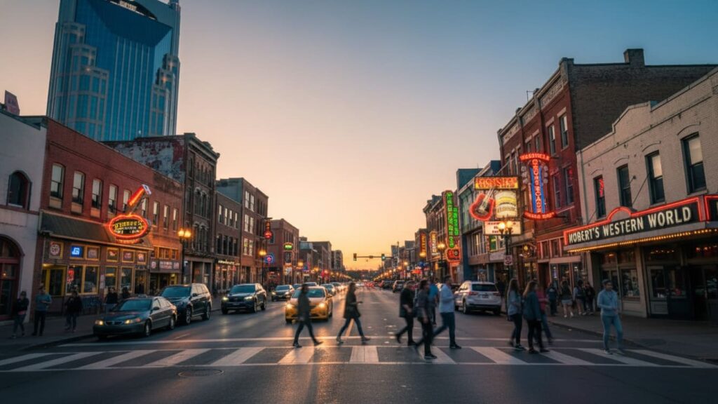 Is Nashville walkable featured view of Broadway showing pedestrian-friendly Music City streets with neon lights and active foot traffic