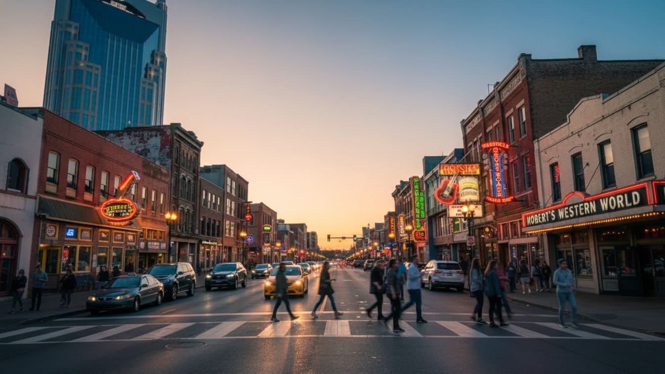 Is Nashville walkable featured view of Broadway showing pedestrian-friendly Music City streets with neon lights and active foot traffic