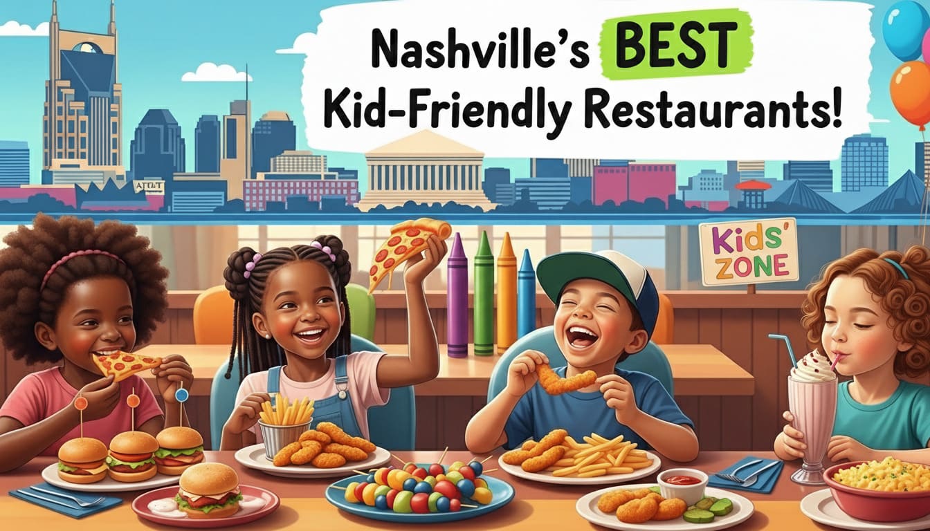 Best kid friendly restaurants Nashville guide showing happy children enjoying meals with Nashville skyline backdrop
