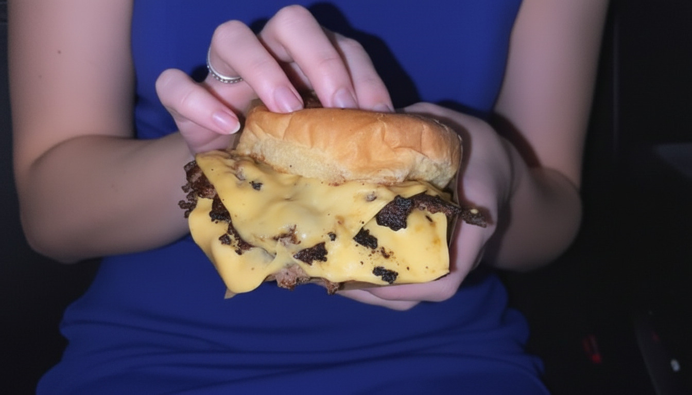 Melted cheese dripping burger held in hands at Lakeside Lounge showing comfort food after 12 in Nashville