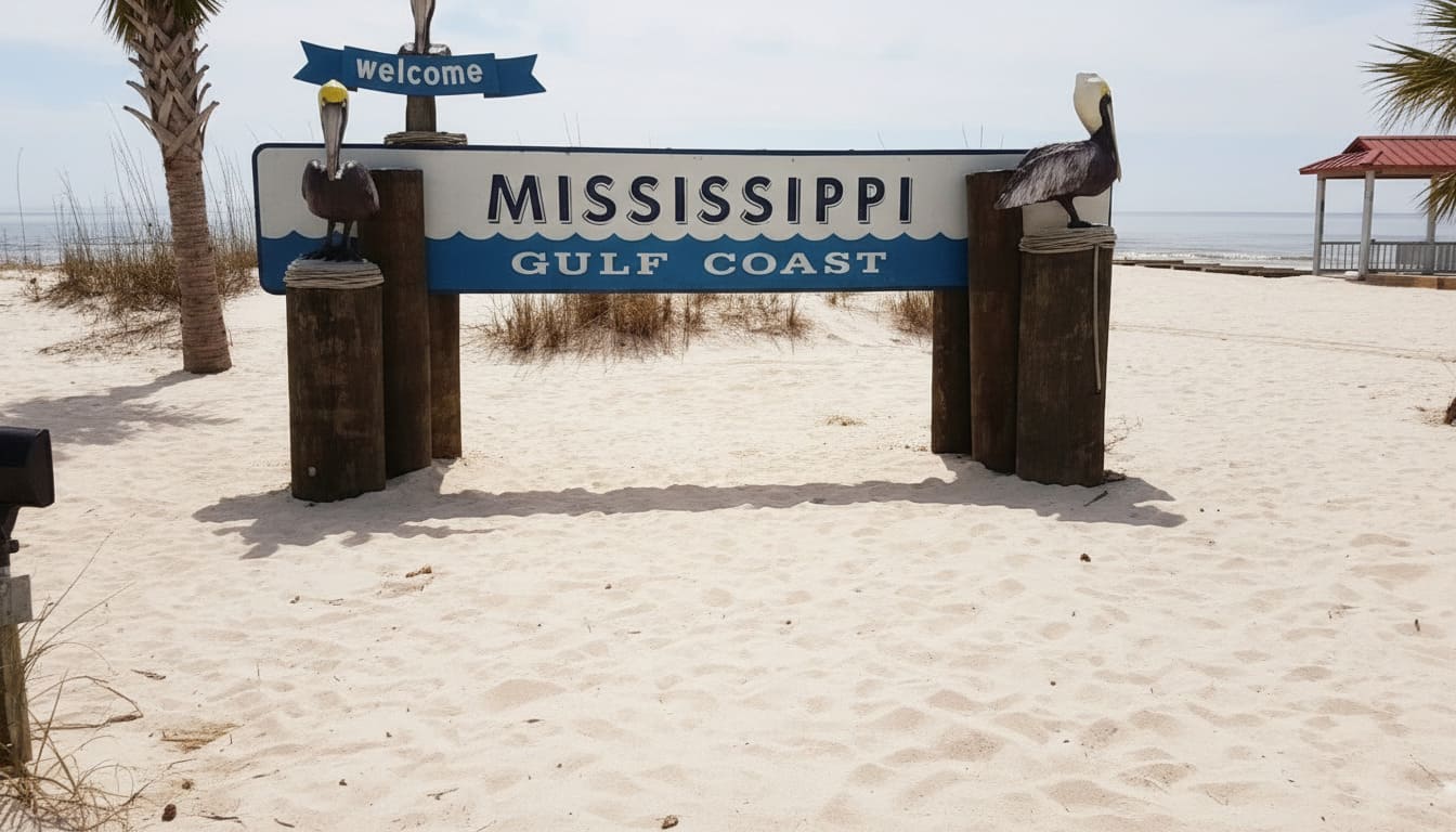 Mississippi Gulf Coast white welcome sign at affordable beach getaway perfect for Nashville families budget trip