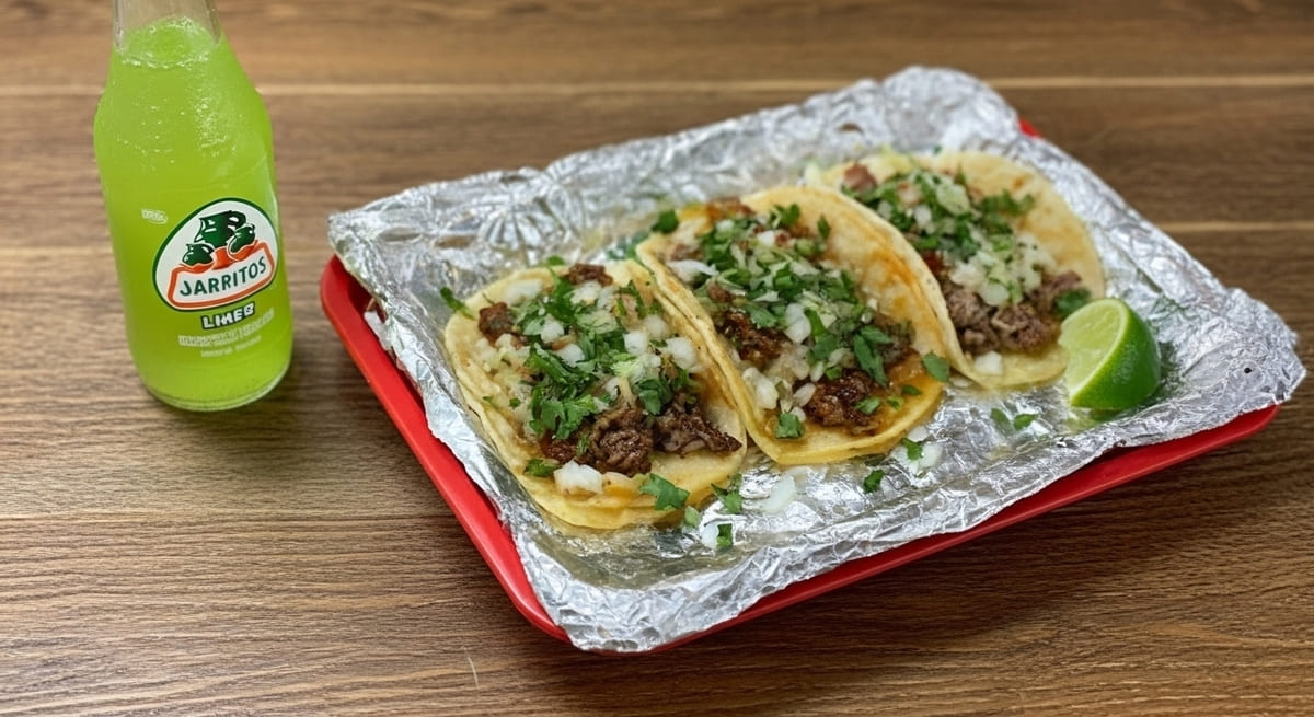 Nashville discount food deal gave Three authentic mini tacos with lime and Jarritos soda at Garden Fresh Food