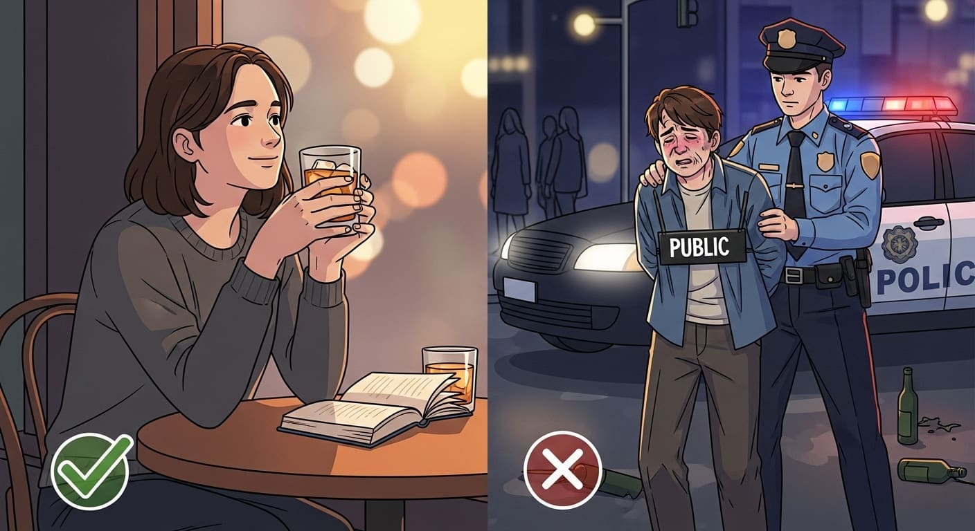 visual shows the difference between legal indoor alcohol consumption and an arrest for drinking publicly on the street.