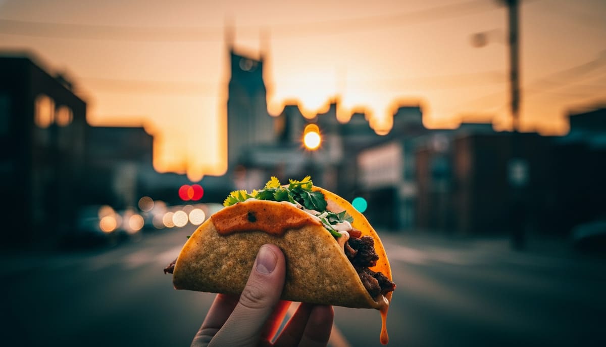 Hand holding Lopez fresh street taco at sunset showcasing cheap eats Nashville scene on downtown boulevard 