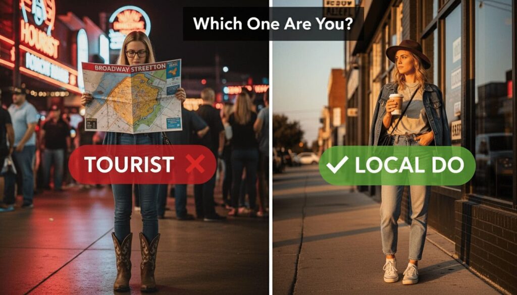 Split screen showing Nashville tourist mistakes versus how locals dress and act naturally to blend in effortlessly