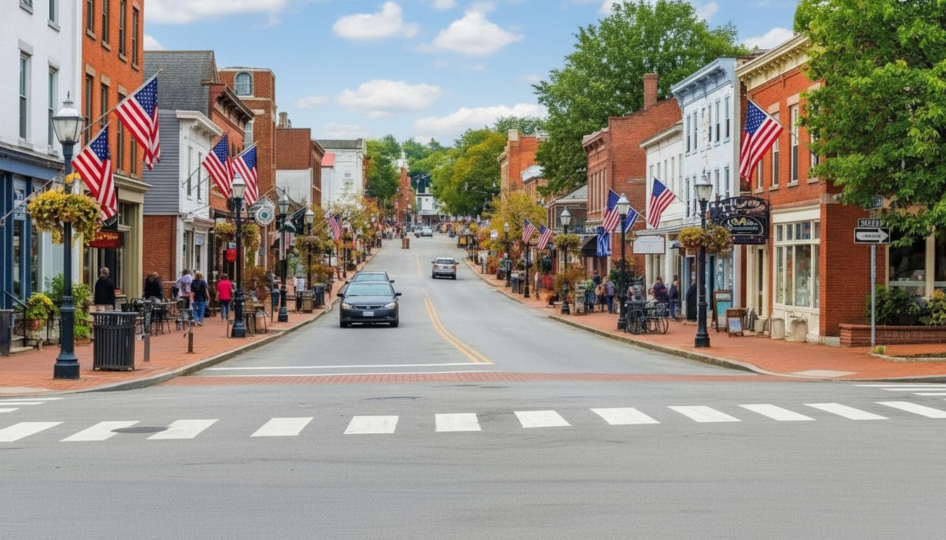 Small beautiful town near Nashville Tennessee with historic Main Street brick buildings and charming local shops