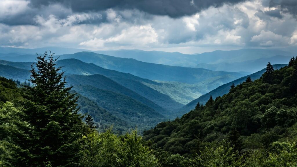 Hazy blue mountain layers of Nashville's closest mountain range the Appalachians 194 miles southeast fading greenery