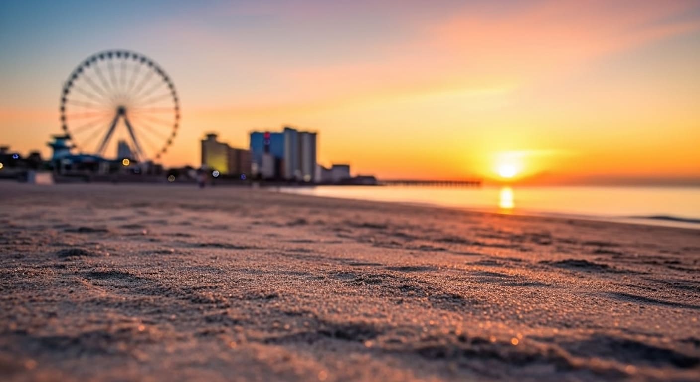 South Carolina beach sunrise with boardwalk ferris wheel on 8-hour coastal drive from Music City Nashville