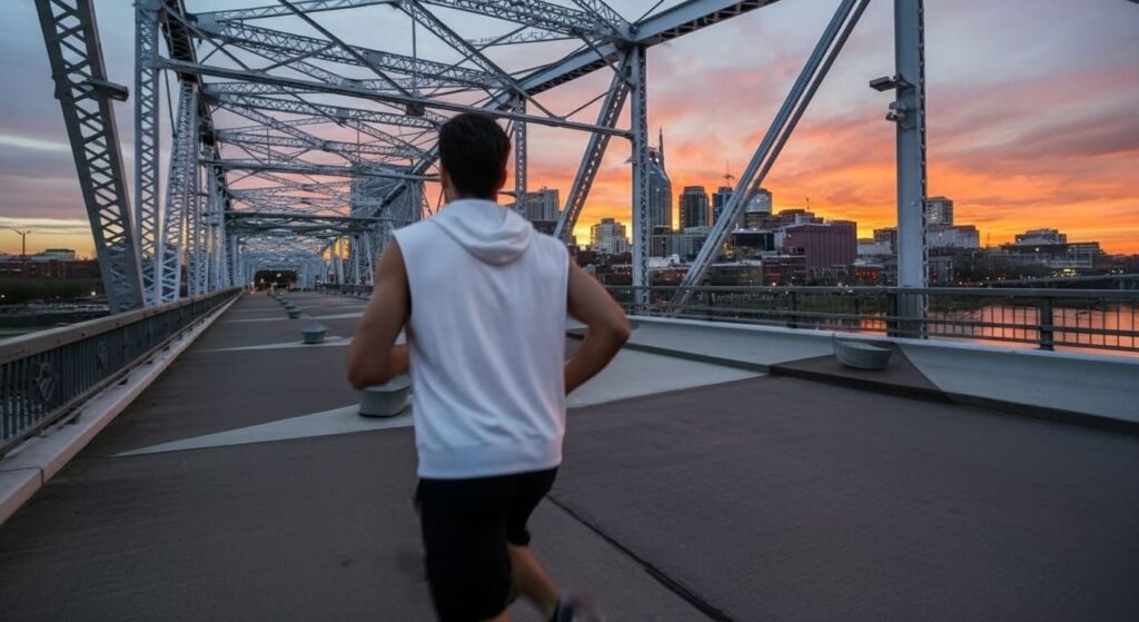 Boy runs the bridge at sunset which is one of the best running trails in Nashville city