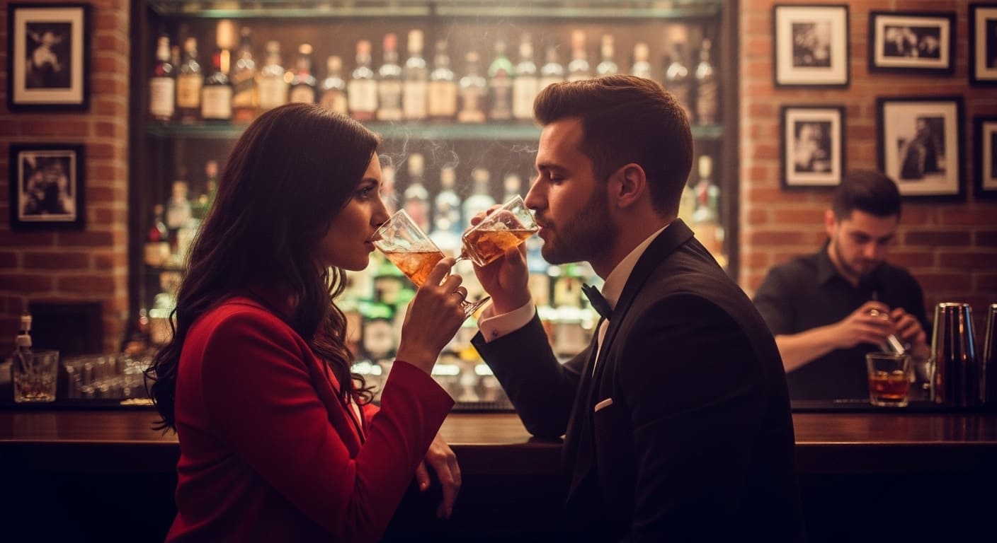 Elegant couple clinking whiskey glasses at best speakeasy bars in Nashville for romantic date night with craft cocktails