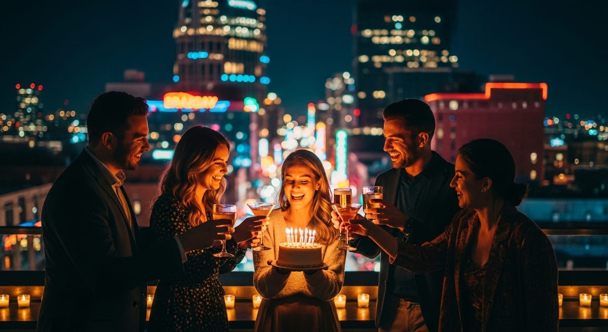 Adults friends celebrating at the best rooftop birthday venues in Nashville, enjoying stunning skyline views and cake