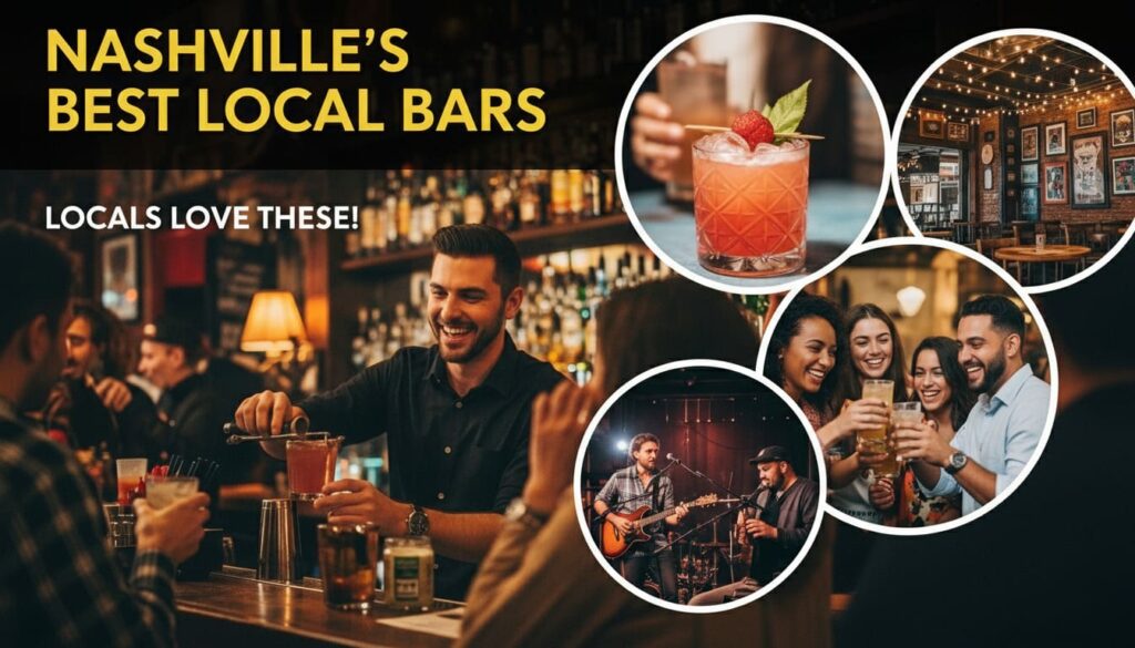 Bartender pouring drinks with circular photos showing best local bars in Nashville residents actually visit regularly